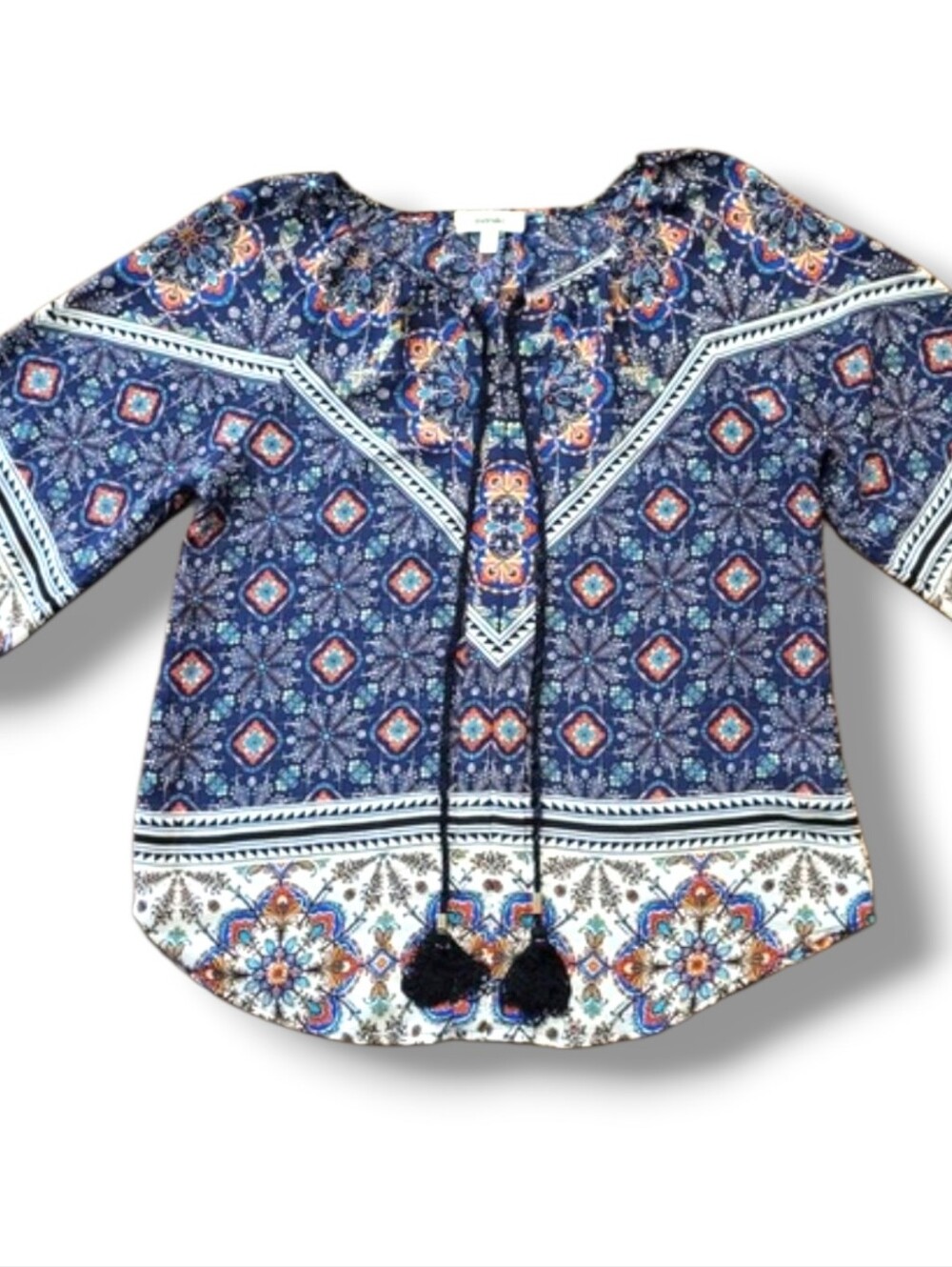 Meraki Blouse Women's Small Blue Floral V-Neck 3/4 Elastic Sleeve Boho Cottage